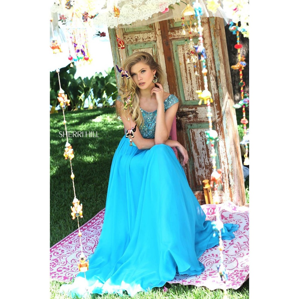 Sherri Hill Turquoise Blue Nude Mesh Beaded Prom Formal Dress Gown Size 12 - Picture 2 of 12